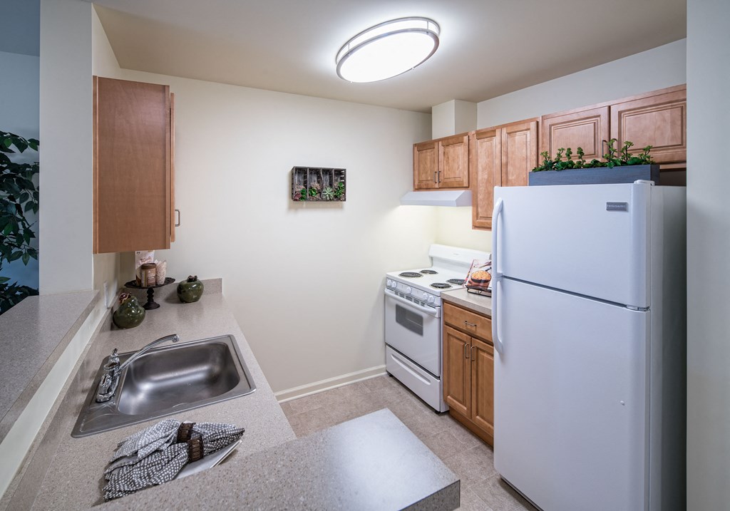 a kitchen with white appliances and a sink and a refrigerator