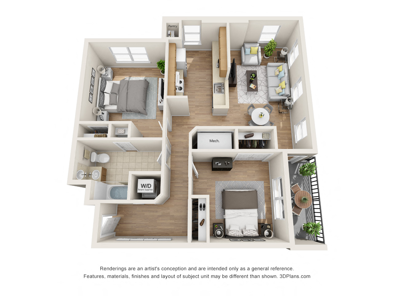 a stylized floor plan with a bedroom and living room
