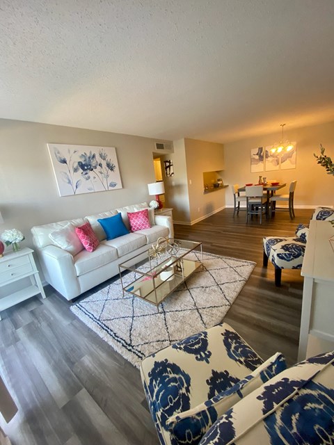 a living room with couches and a glass coffee table