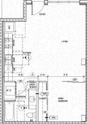 the floor plan of a small house with a bathroom and a bedroom