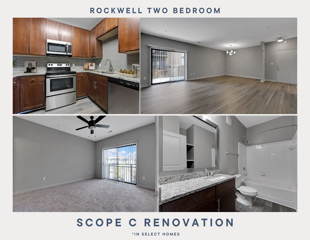 two pictures of a renovated kitchen and a remodeled bathroom