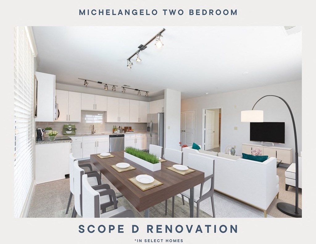 a redesign of a kitchen and dining room with white cabinets and a wooden table