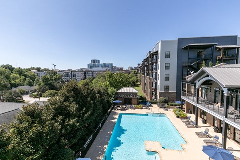 a swimming pool at a hotel with a city in the background