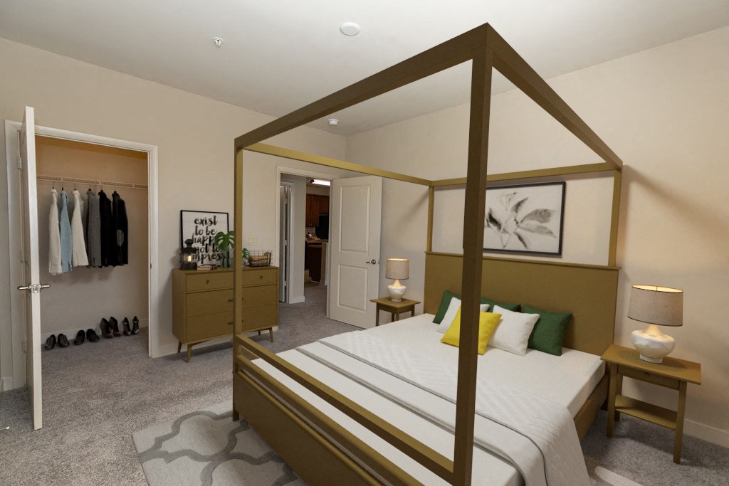 a bedroom with a large bed and a closet