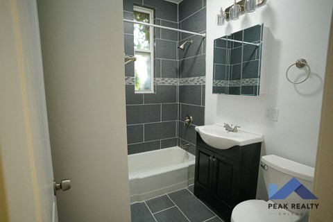 A bathroom with a white sink and a black cabinet.