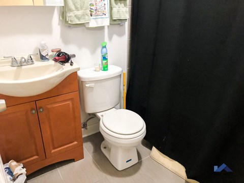 a bathroom with a toilet and a sink and a shower curtain