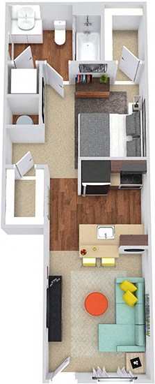 The Holly 3D The Holly 3D. Studio apartment. Kitchen with bartop open to living room. 1 full bathroom. Two walk-in closets.
