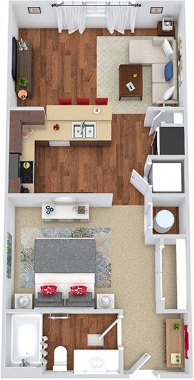 The Autry 3D The Autry 3D. Studio apartment. Kitchen with bartop open to living room. 1 full bathroom.