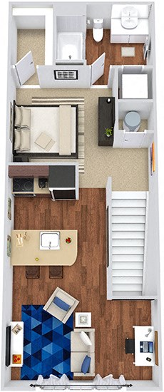 The Henley 3D The Henley 3D. Studio apartment. Kitchen with bartop open to living room. 1 full bathroom. Walk-in closet. 1st floor entry.
