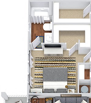 The Lovett 3D The Lovett 3D. 2 bedroom apartment. 1st floor entry. Kitchen with island open to living/dinning rooms. 2 full bathrooms. Walk-in closets. Study area. Patio/balcony.