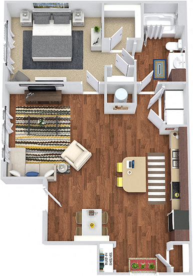 Orbison 3D. 1 bedroom apartment. Kitchen with island open to living/dinning rooms. 1 full bathroom. Walk-in closet.