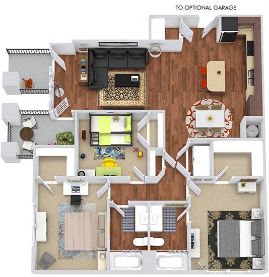 The Rogers 3D. 3 bedroom apartment. Kitchen with island open to living/dinning rooms. 2 full bathrooms. Walk-in closets. Patio/balcony.