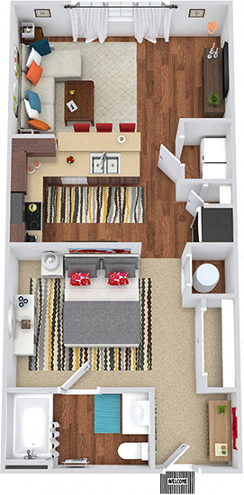 The Cash 3D. Studio apartment. Kitchen with bartop open to living room. 1 full bathroom.