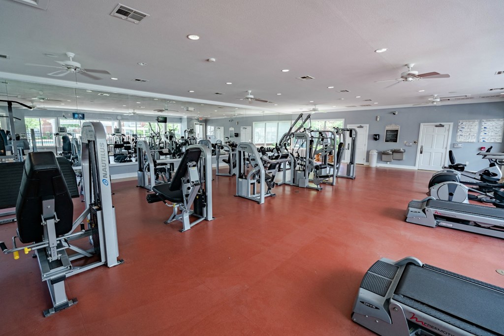 Gym with resistance training equipment and free weights