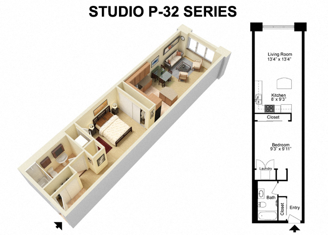Studio p32 floor plan with 3D layout at The Residences at 668 Apartments, Cleveland