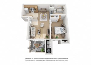 Floorplan Photos Gallery Plan 2 1 Bedroom 1 Bathroom 3D Floor Plan at Knollwood Meadows Apartments, Santa Maria