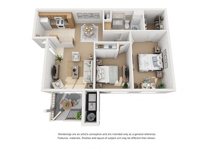 Plan 4 2 Bedroom 1 Bathroom 3D Floor Plan Plan 4 2 Bedroom 1 Bathroom 3D Floor Plan at Knollwood Meadows Apartments, California, 93455