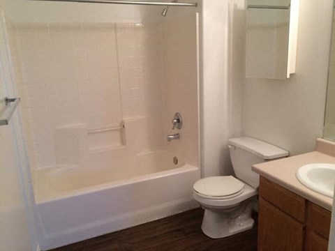 A white toilet sits next to a bathtub in a bathroom.