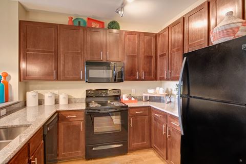 Kitchen with dark cabinets, black appliances, sink , countertops, and light hard wood flooring.