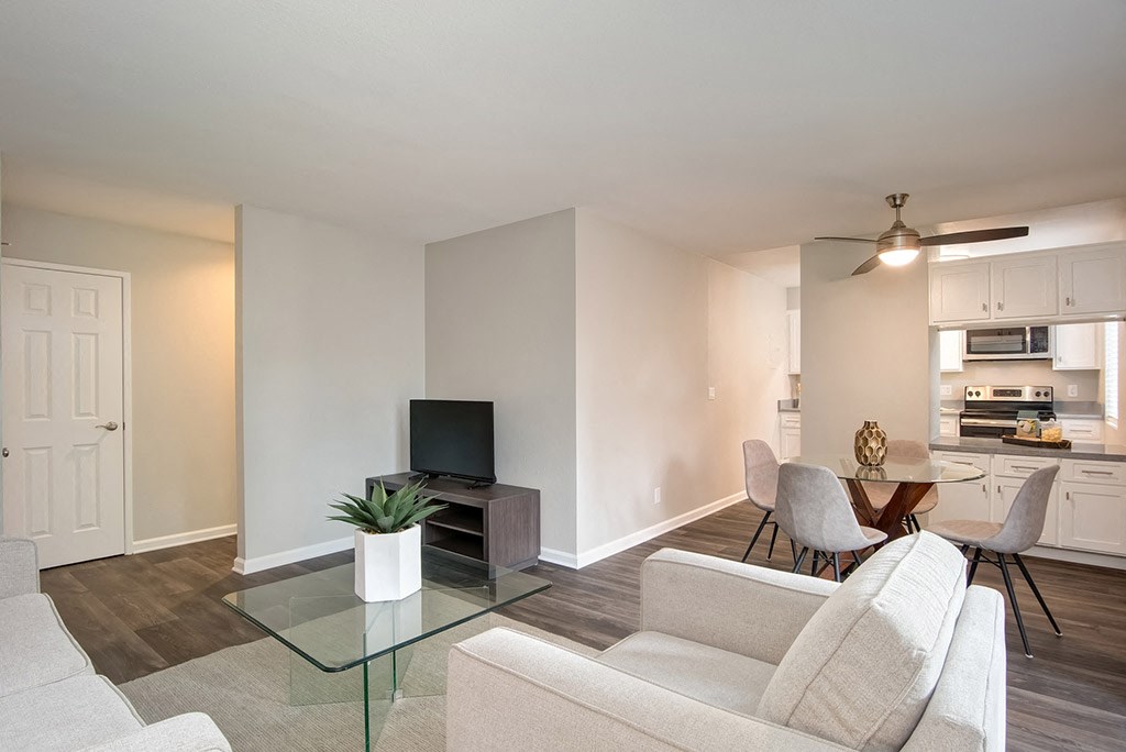 Ceiling Fan and Sofa in Living Room at St. Charles Oaks Apartments, California, 91360