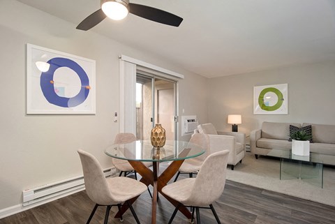 Ceiling Fan, Dinning Table and Sofa in Living Room at St. Charles Oaks Apartments, Thousand Oaks, CA, 91360