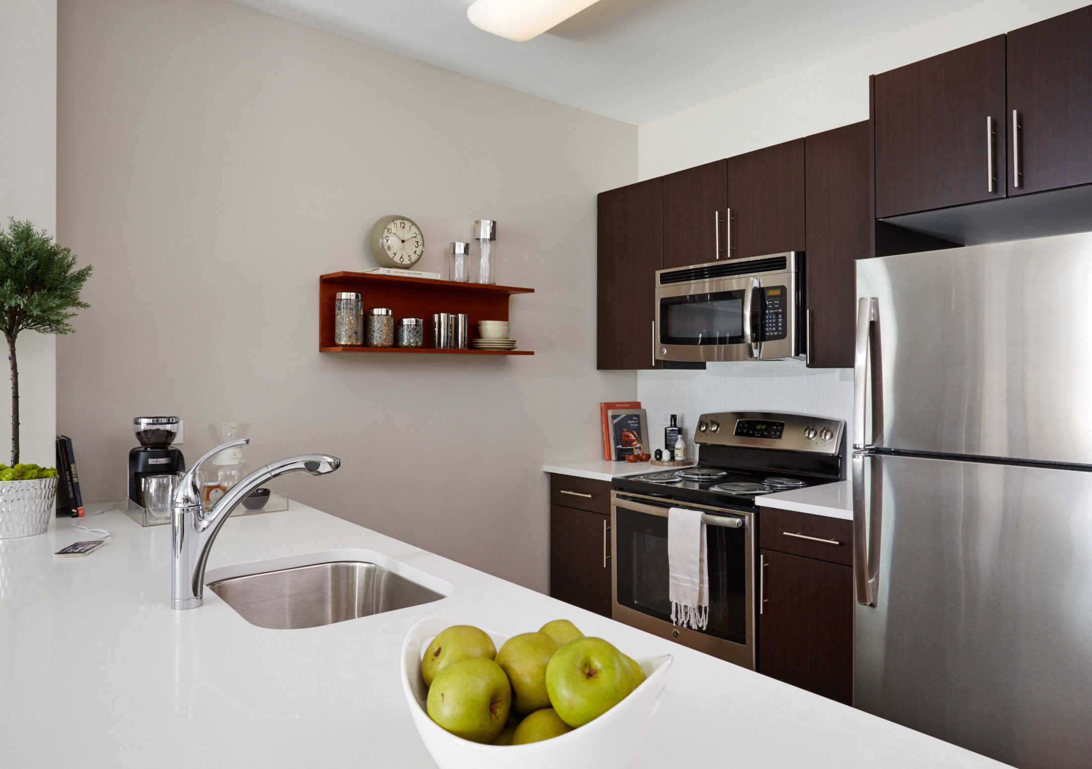 a kitchen with stainless steel appliances and a bowl of apples