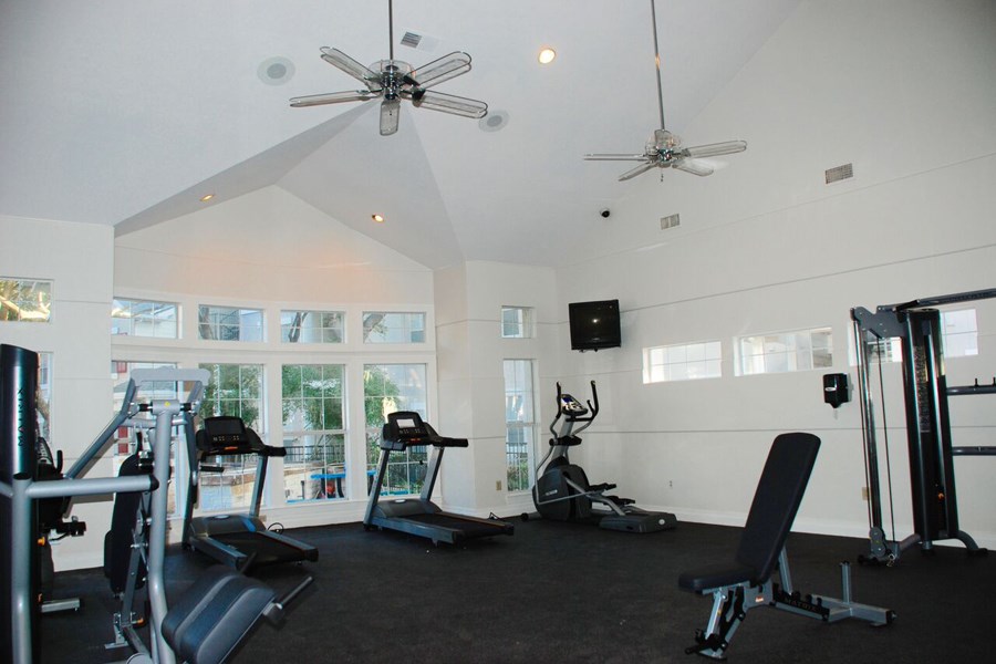 the gym has plenty of exercise equipment and windows