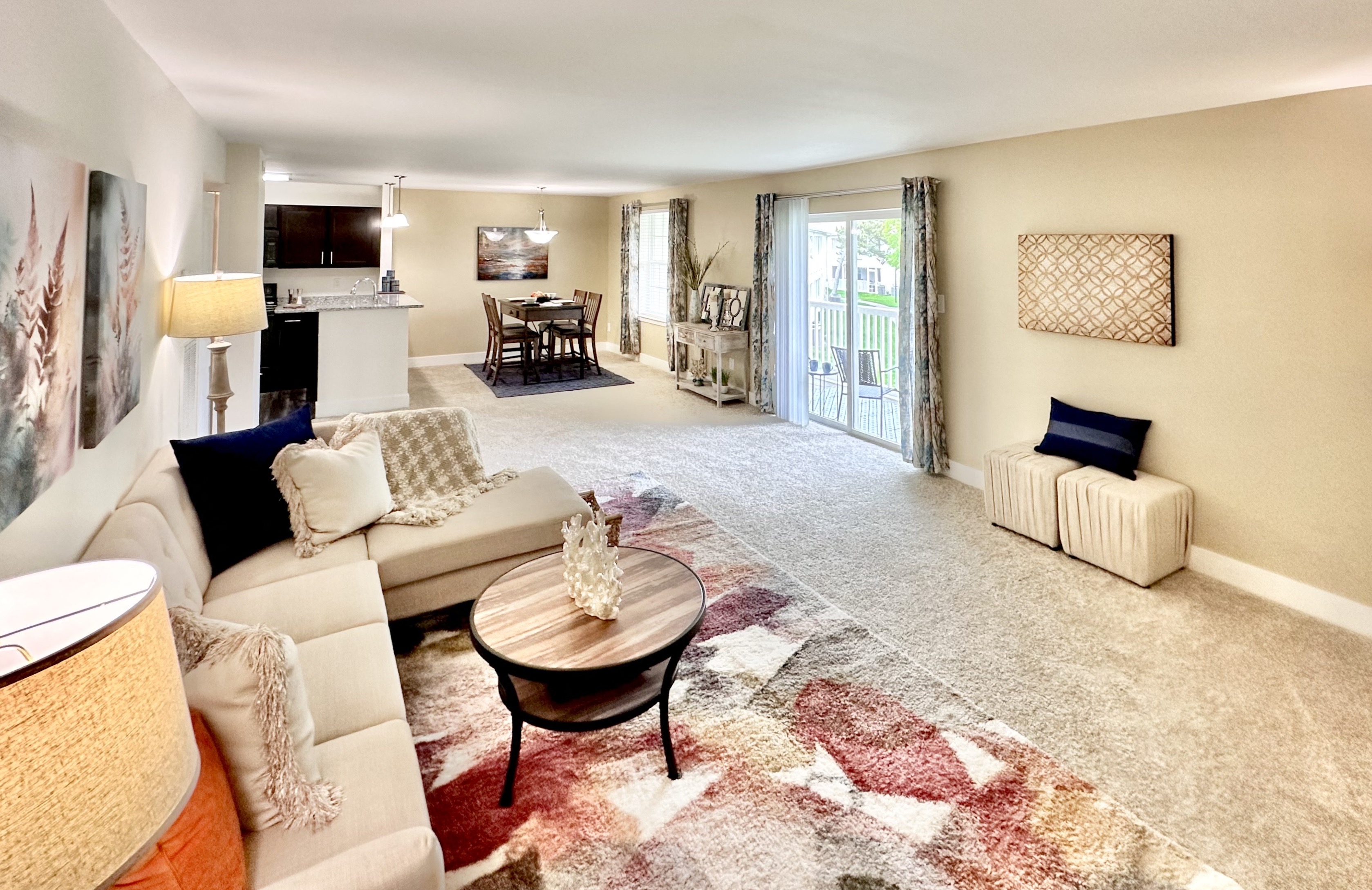 a living room with a couch and a table