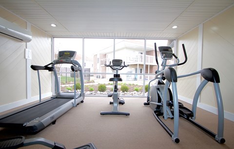 a gym with cardio equipment and a large window