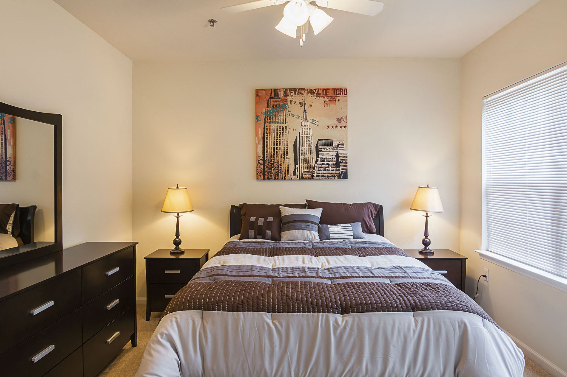 Furnished Master Bedroom at Ultris Courthouse Square Apartments in Stafford, Virginia, VA