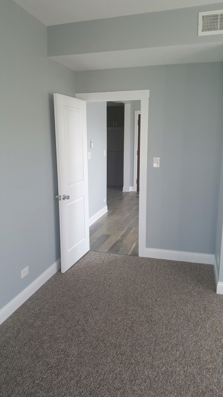a room with a carpet and a door open to a hallway