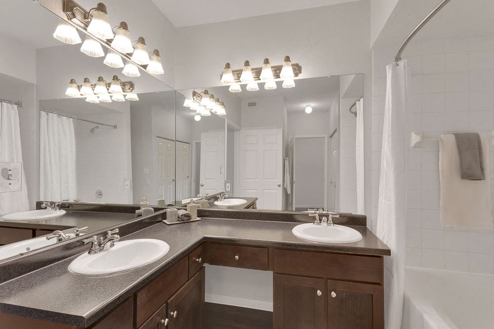 a bathroom with two sinks and a mirror