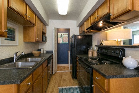a kitchen with a stove and a sink and a refrigerator