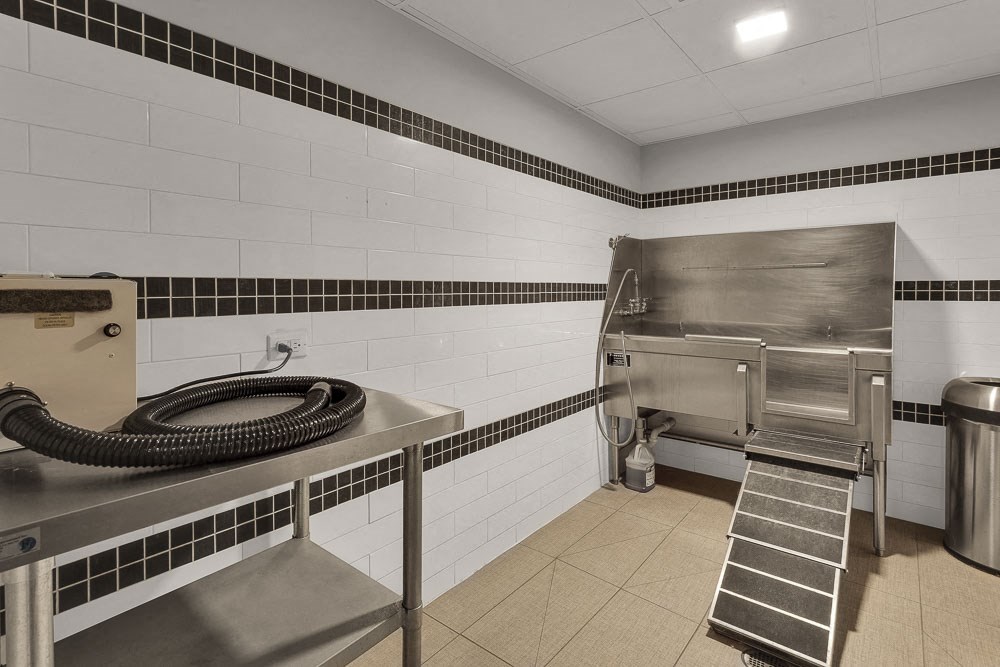 the kitchen in the renovated building has stainless steel appliances and a sink