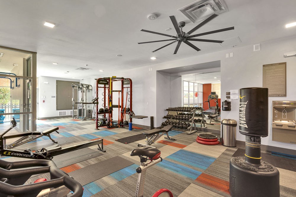 a gym with weights and cardio equipment and a ceiling fan