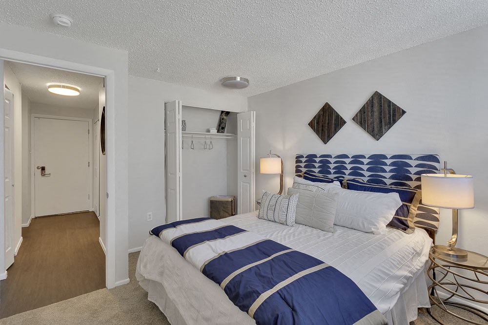 a bedroom with a bed and a closet