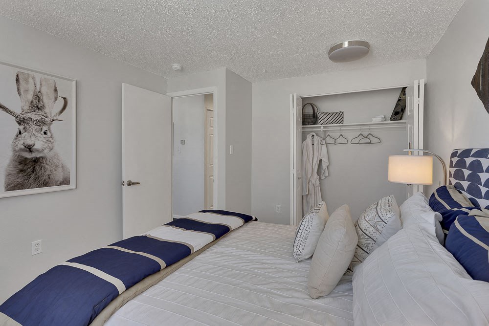 a bedroom with a bed and a door to a closet