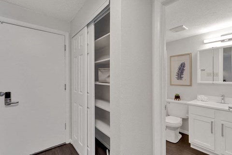 a bathroom with a toilet and a closet