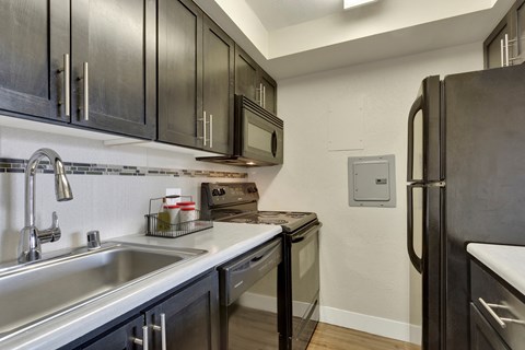 A kitchen with black cabinets and a stainless steel sink.