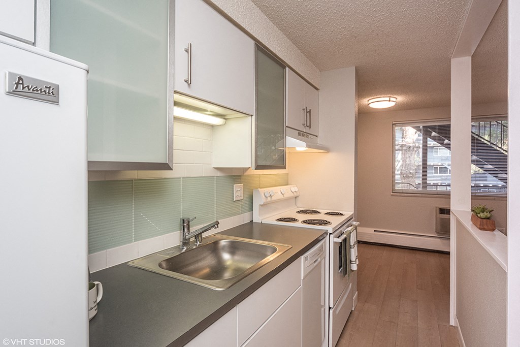 a kitchen with a sink and a stove and a window