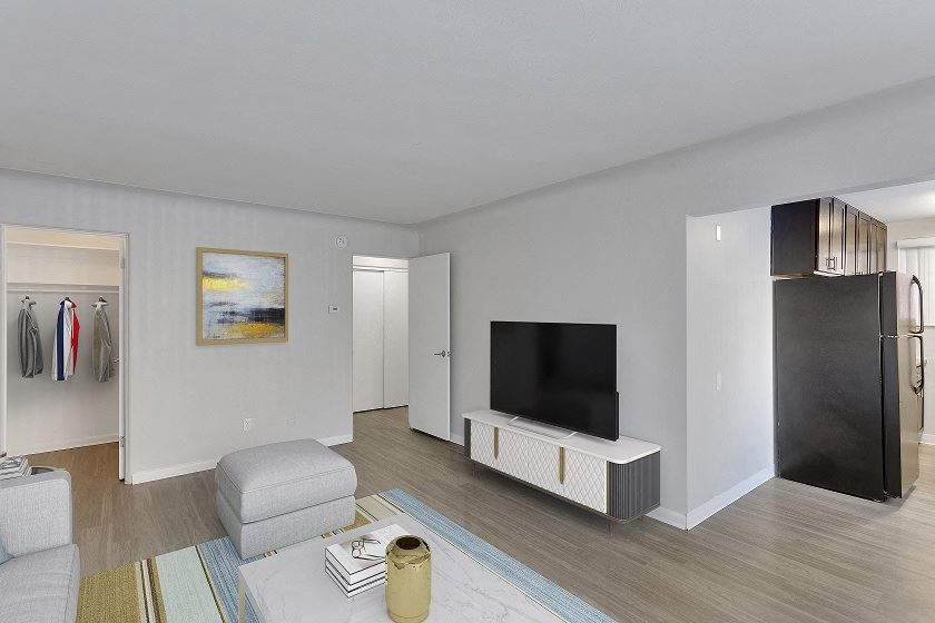 a living room with a television and a closet