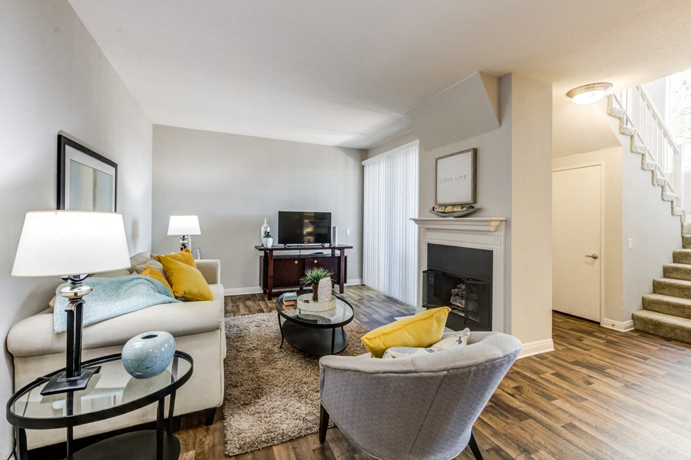 Living area with fireplace and TV