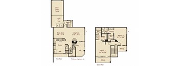 D2 – 2 Bedroom 2.5 Bath Floor Plan Layout – 1200 Square Feet
