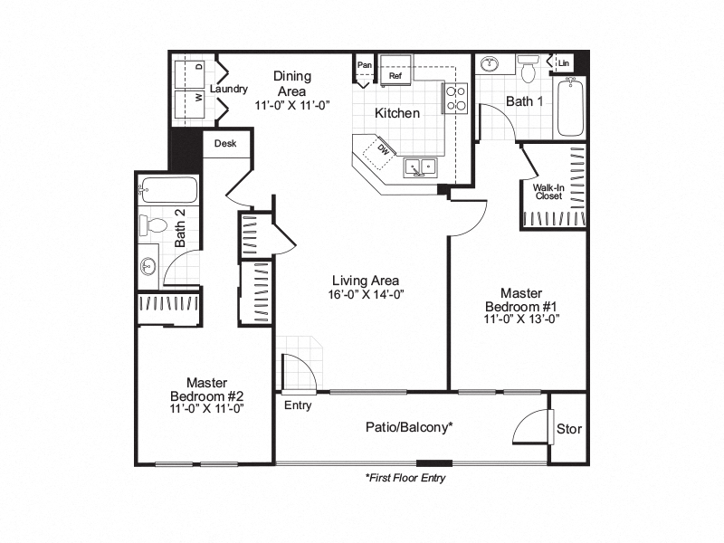 Barcelona - 2 Bedroom 2 Bath Floor Plan Layout - 1006 Square Feet