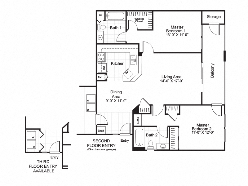 Sevilla - 2 Bedroom 2 Bath Floor Plan Layout - 1006 Square Feet