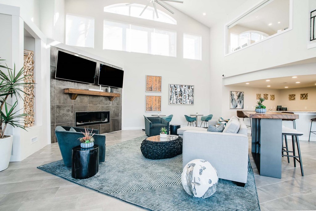 Clubroom with seating area, fireplace, and TV