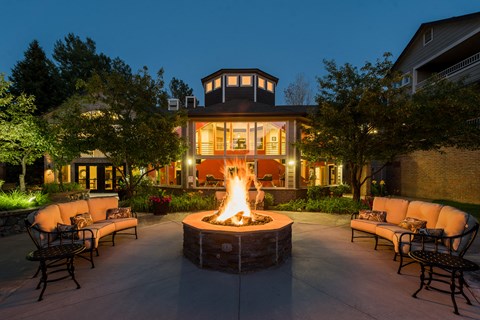 Outdoor fireplace and seating at Bridgwater, Colorado, 80111