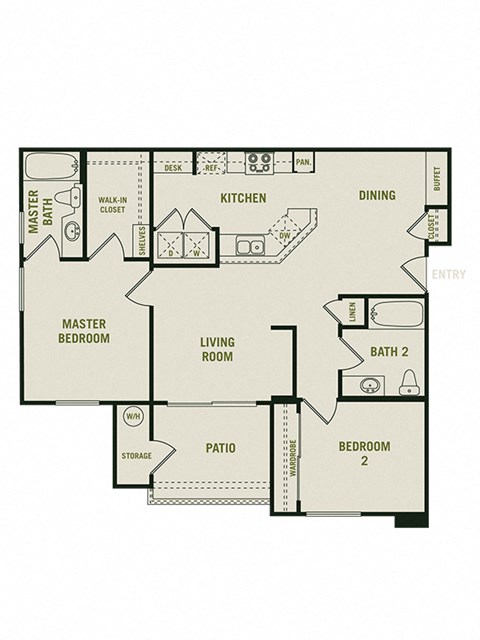 The Chelsea - 2 Bedroom 2 Bath Floor Plan Layout - 1028 Square Feet