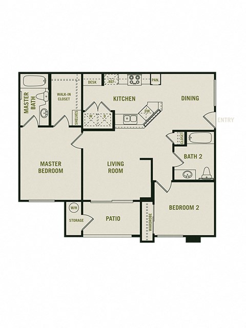The Nottingham - 2 Bedroom 2 Bath Floor Plan Layout - 998 Square Feet