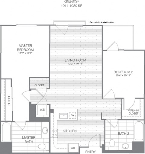 Kennedy - 2 Bedroom 2 Bath Floor Plan Layout - 1047 Square Feet